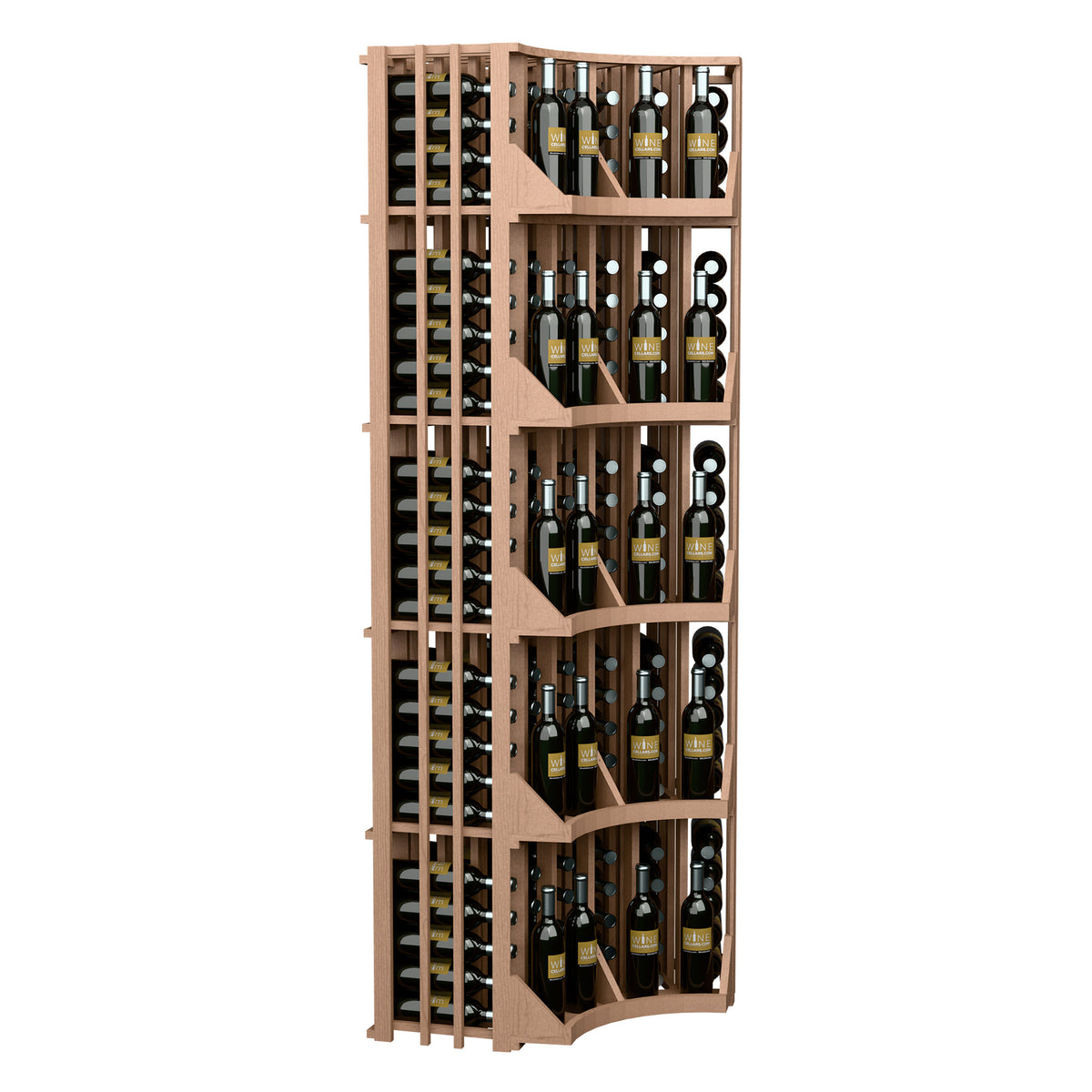 Curved corner wine display rack, front view with 6 columns and dark stained wood shelves