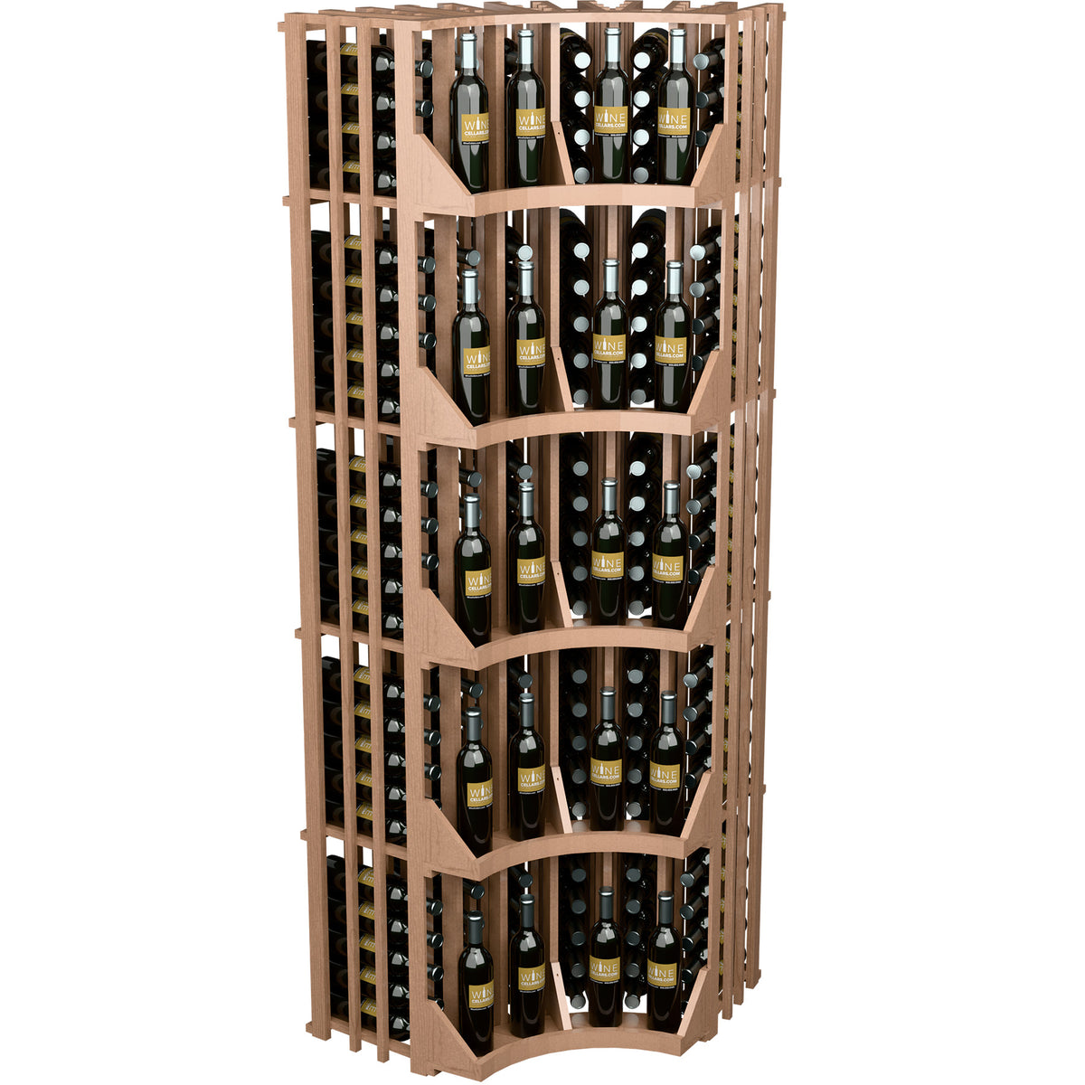 Curved corner wine display rack with 6 columns, light wood, arched shelves for bottles