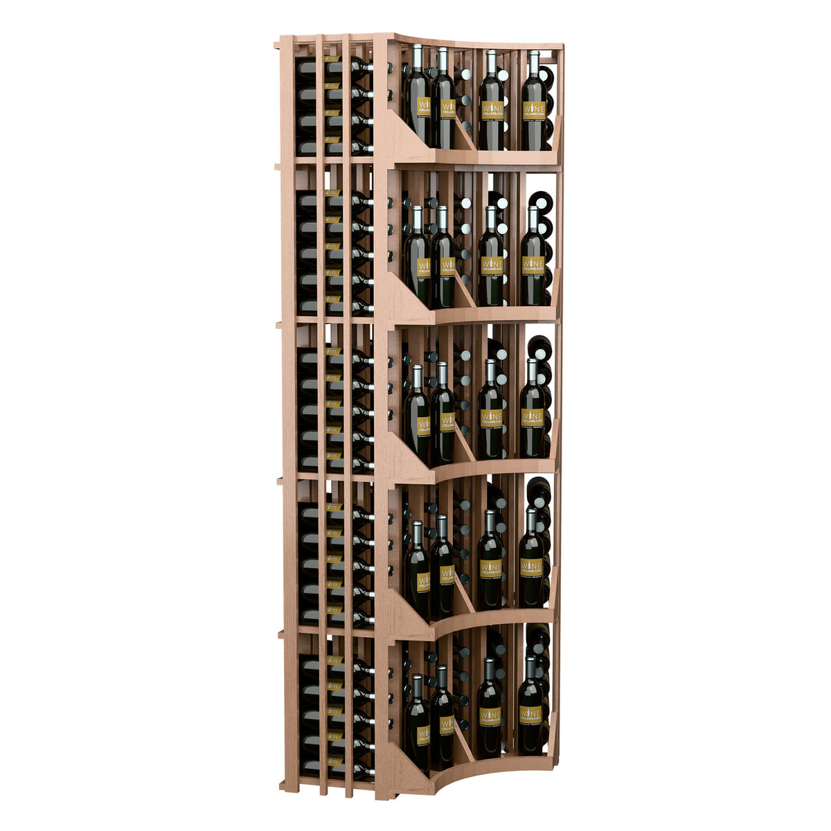 Curved corner wine display rack with 6 columns, tall corner unit in medium-dark wood