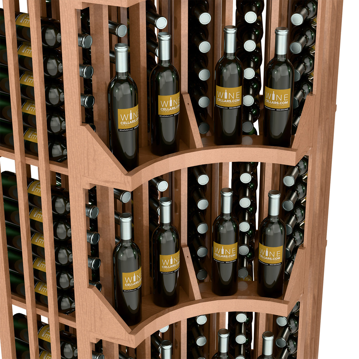 Curved corner wine display rack close-up, arched shelves with wine bottles in slots