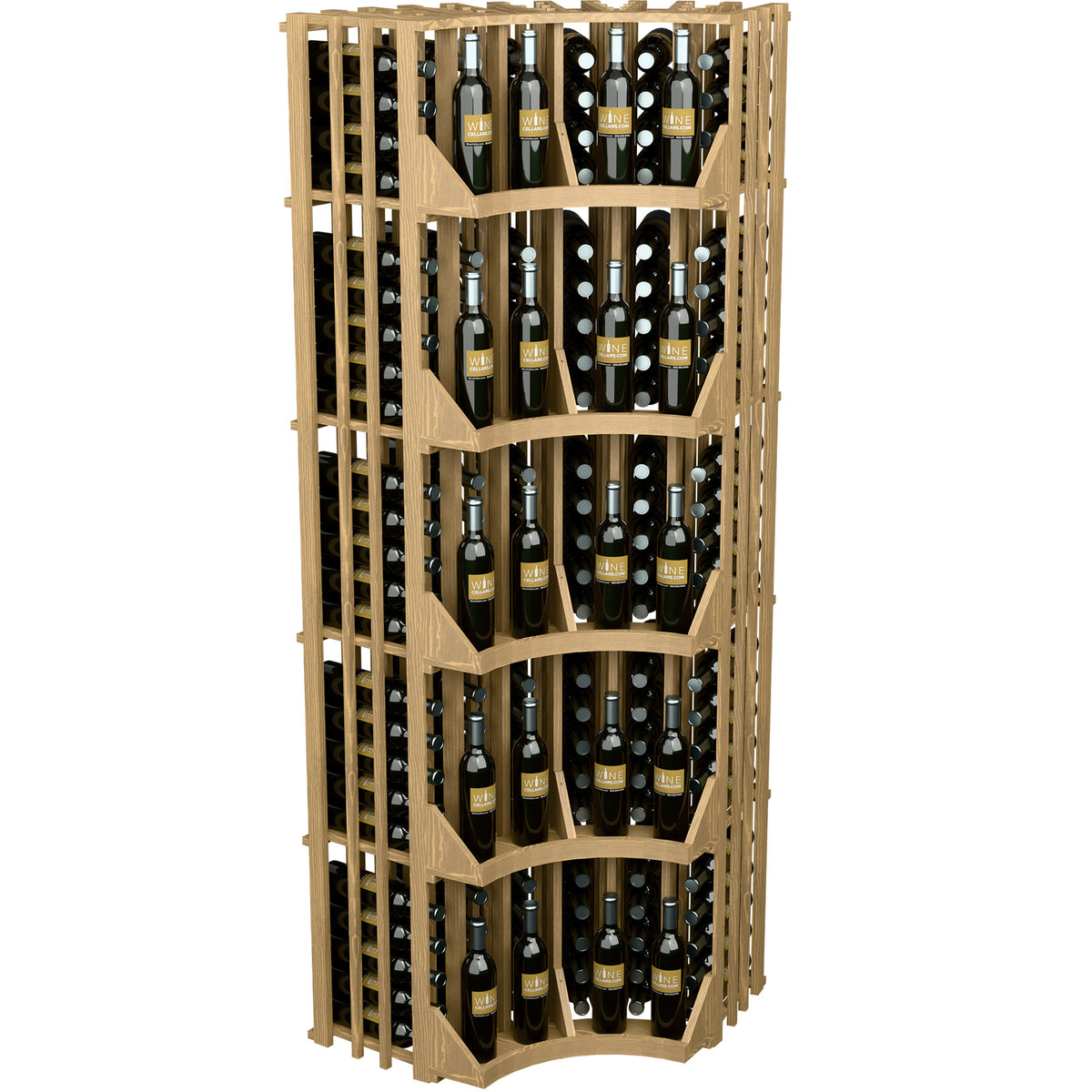 Curved corner wine display rack with 6 columns, light wood finish and bottle cubbies