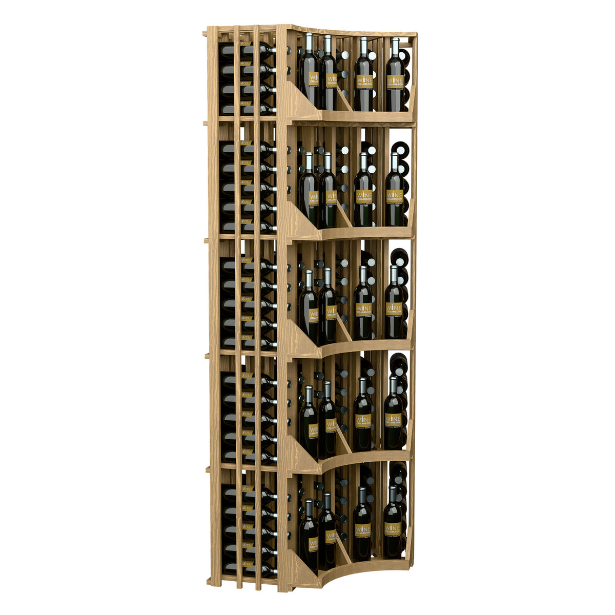 Curved corner wine display rack, front view with 6 columns and light wood arched shelves