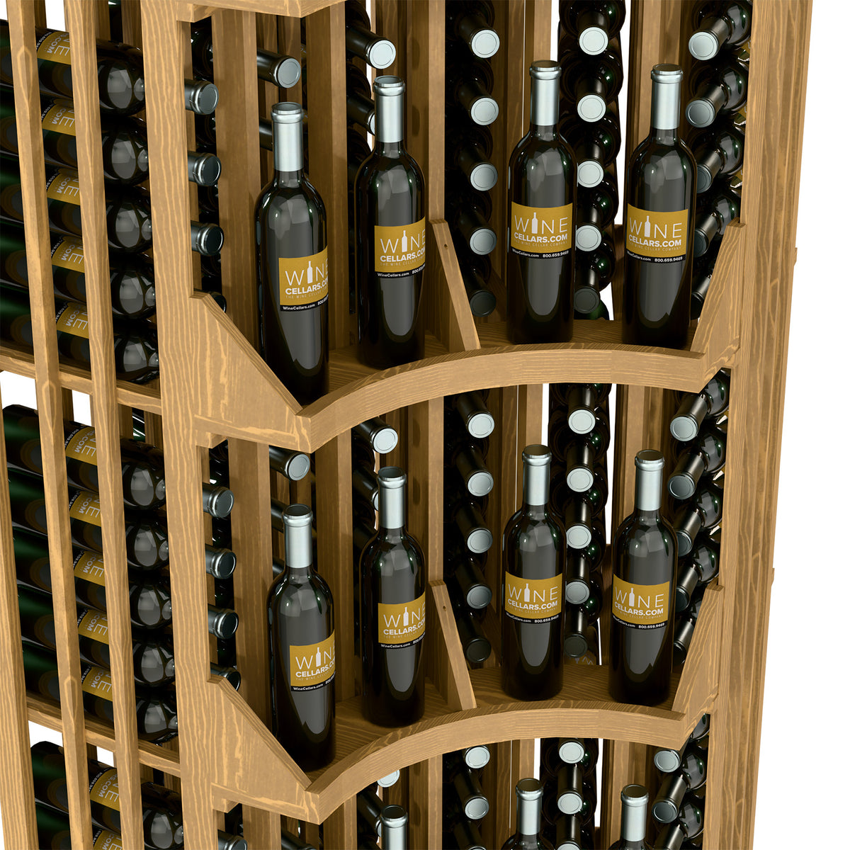 Curved corner wall wine display with glass bottle slots and arched wooden shelves