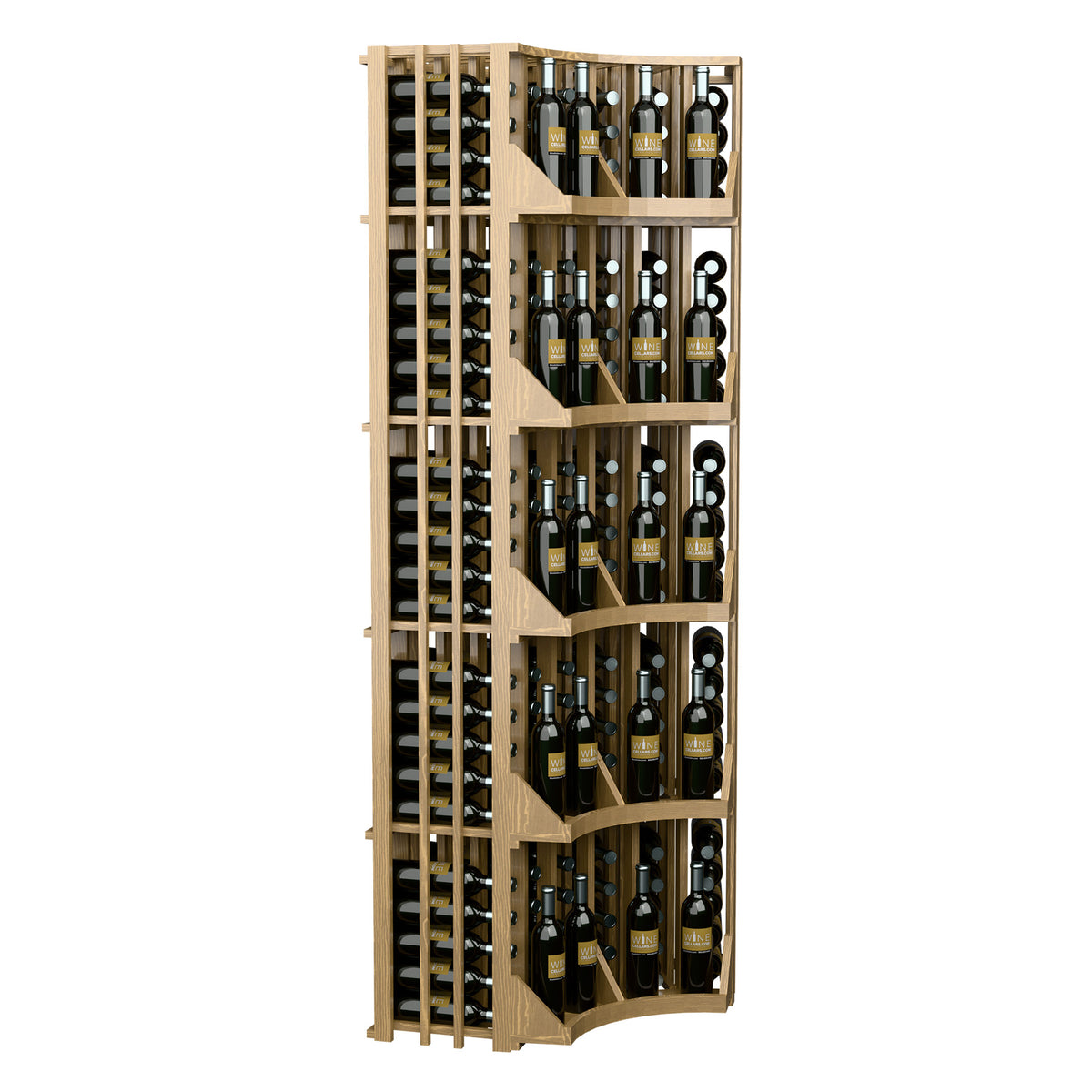 Curved corner wall wine cabinet with open bottle racks and arched shelf dividers