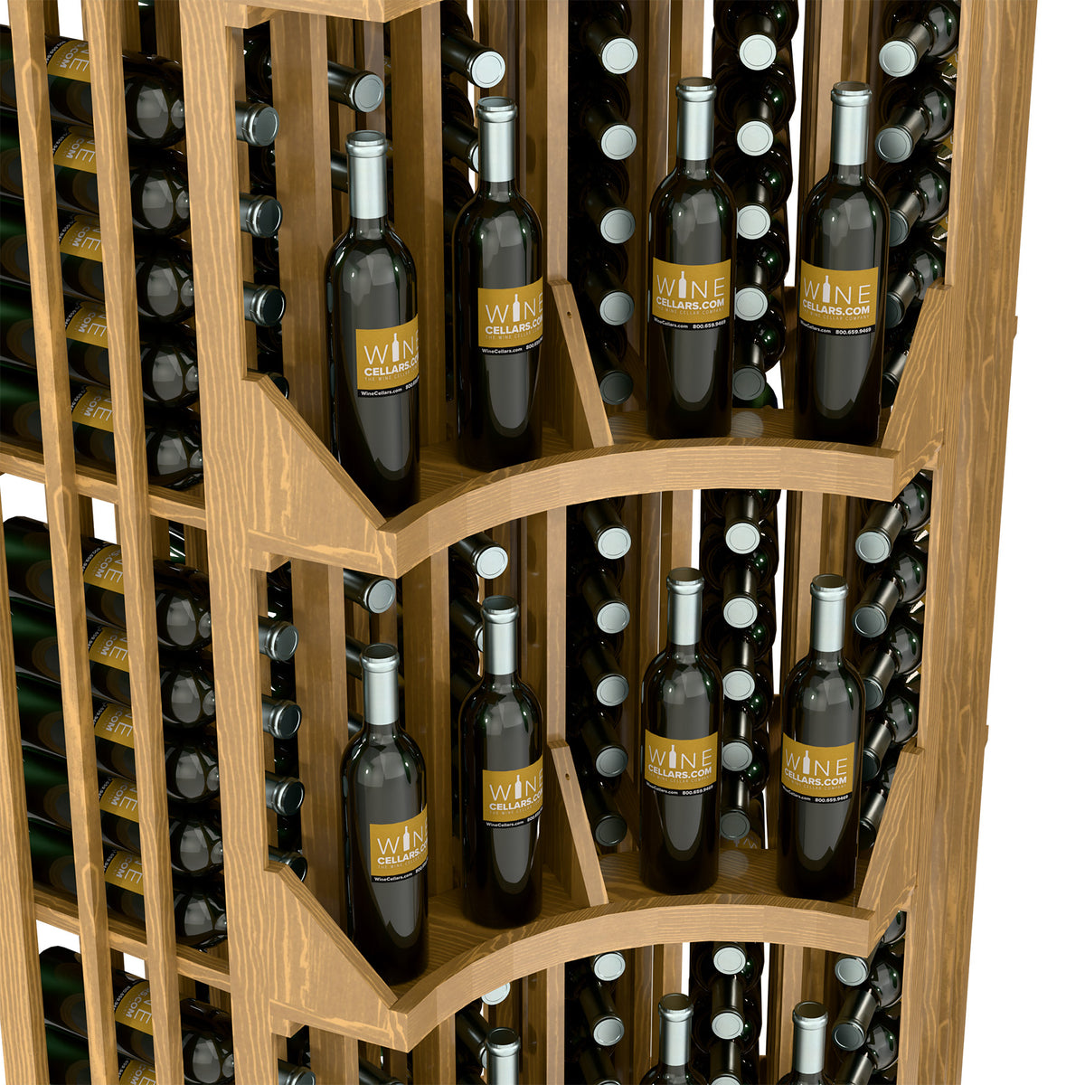 Curved corner wall wine display showing bottle rows in arched wooden cubbies