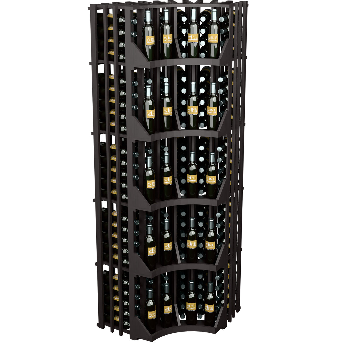 Black curved corner wall wine display with open bottle slots and arched shelves