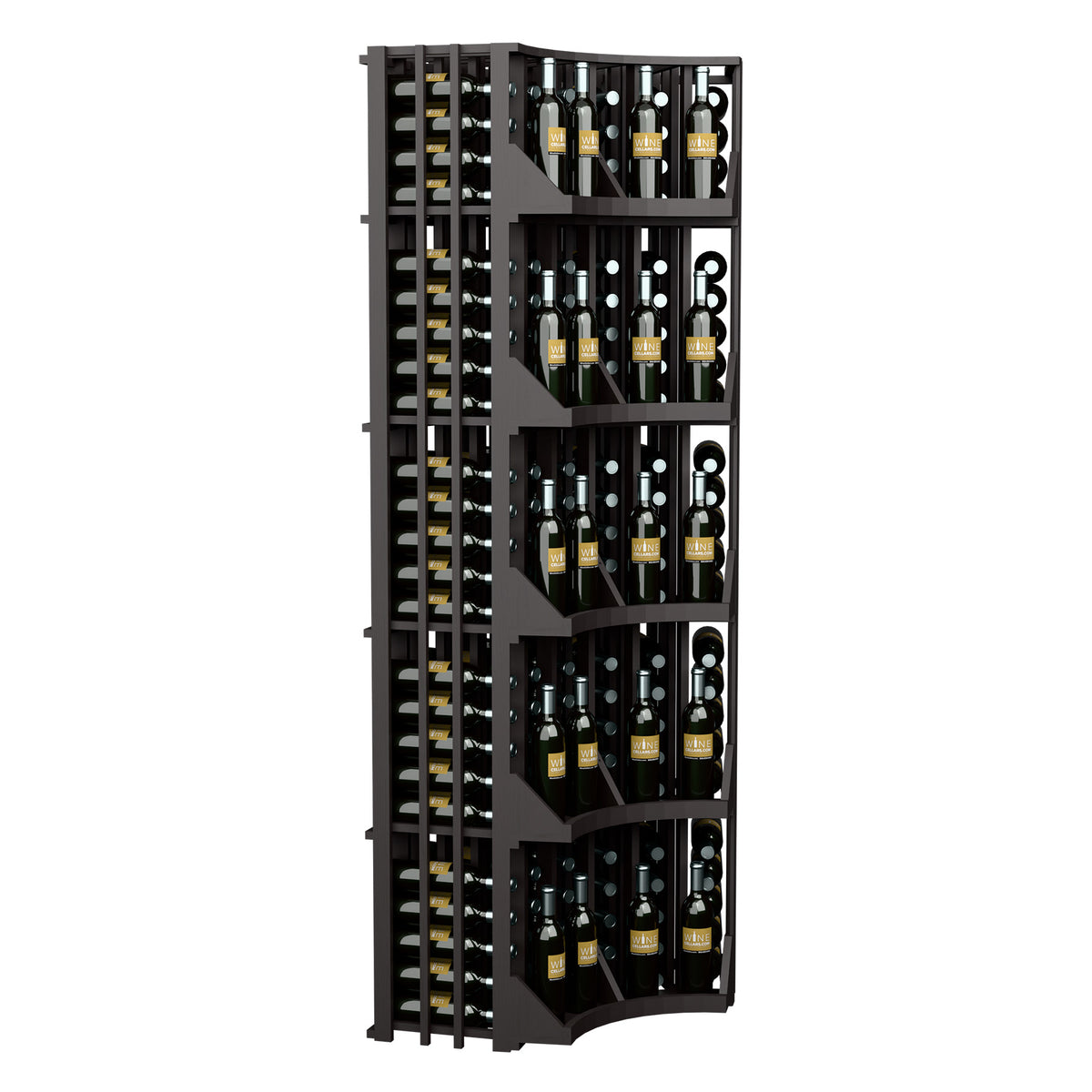 Black corner wine cabinet with curved open back and multi-column bottle storage