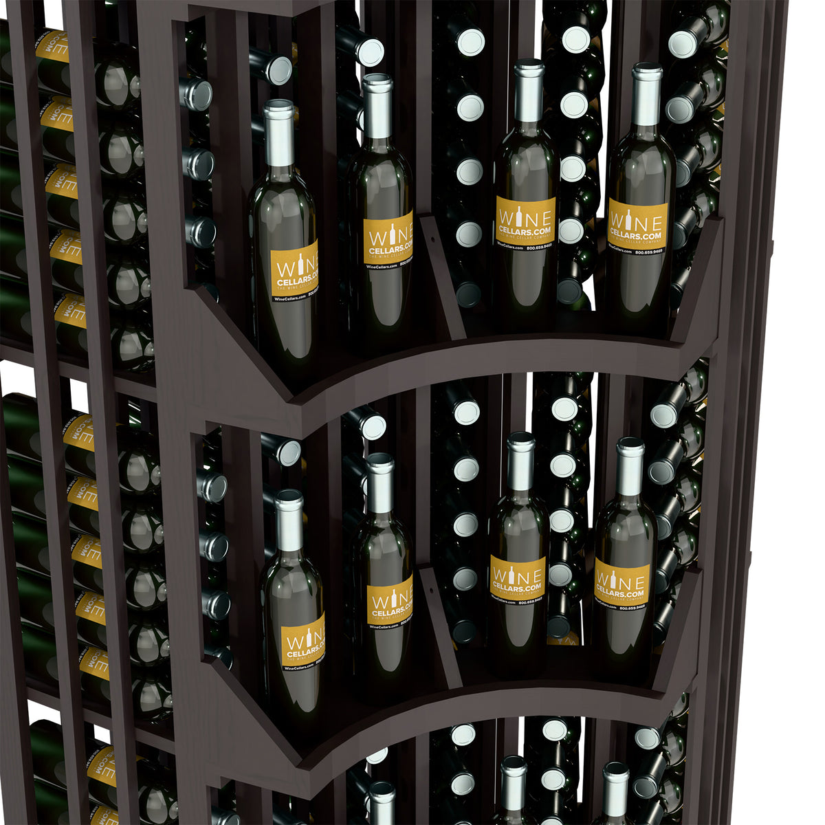 Close view of curved corner wall wine display with bottle slots and arched dividers