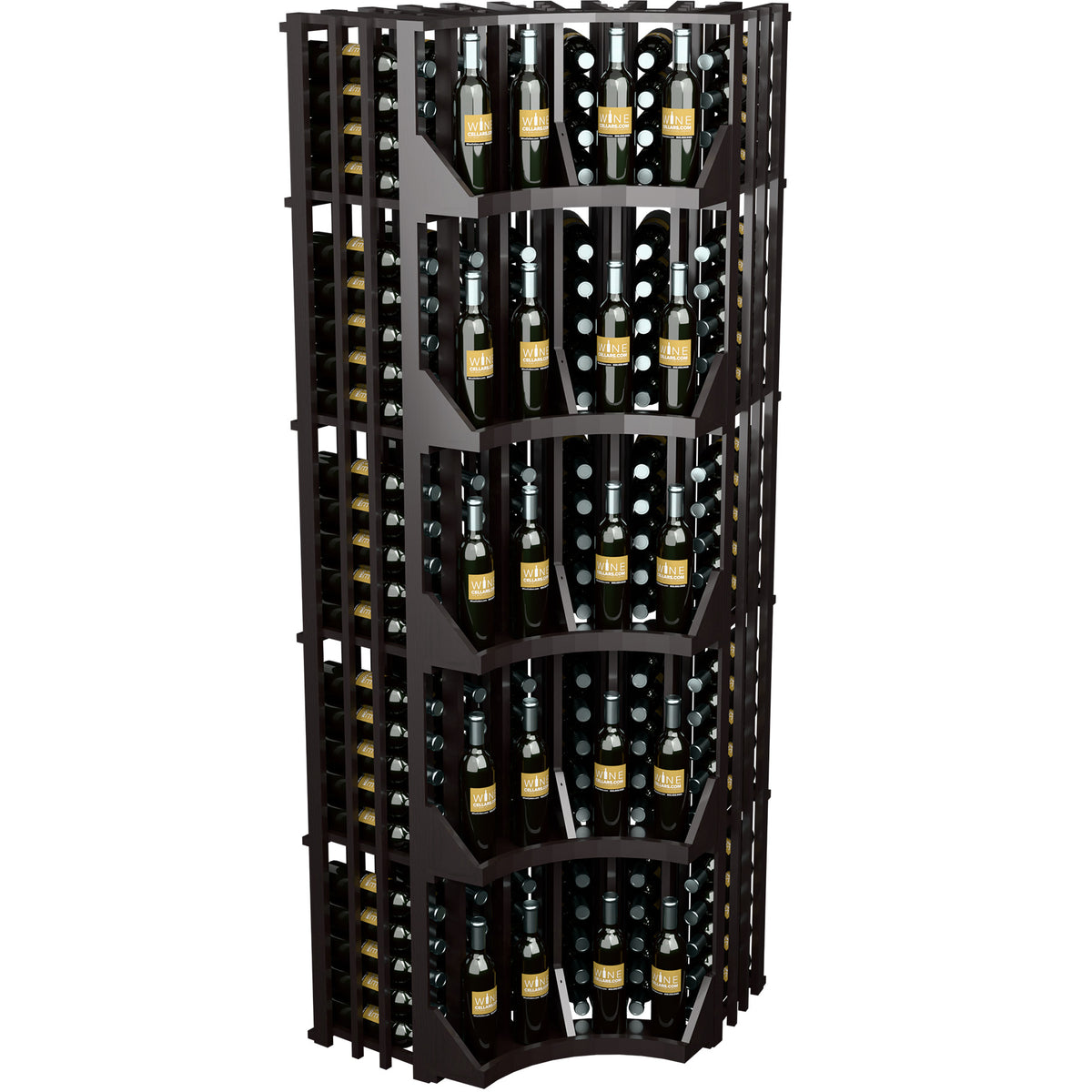 Black curved corner wall wine display cabinet with six-column bottle storage