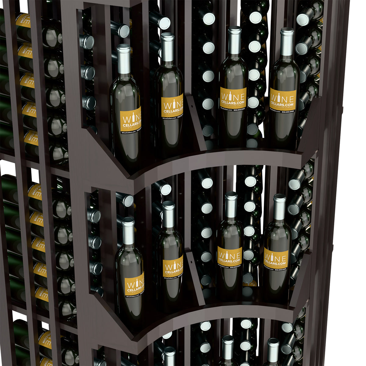 Curved corner wall wine display close-up with bottle bays and arched shelf dividers