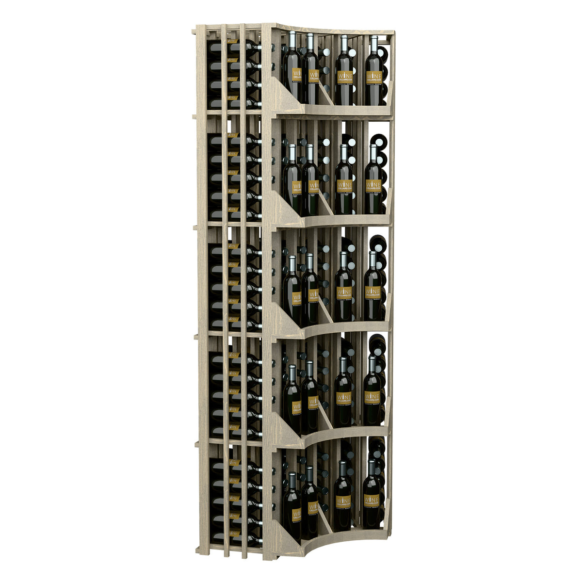 Tall light wood wine rack with curved corner shelves and rows of wine bottles