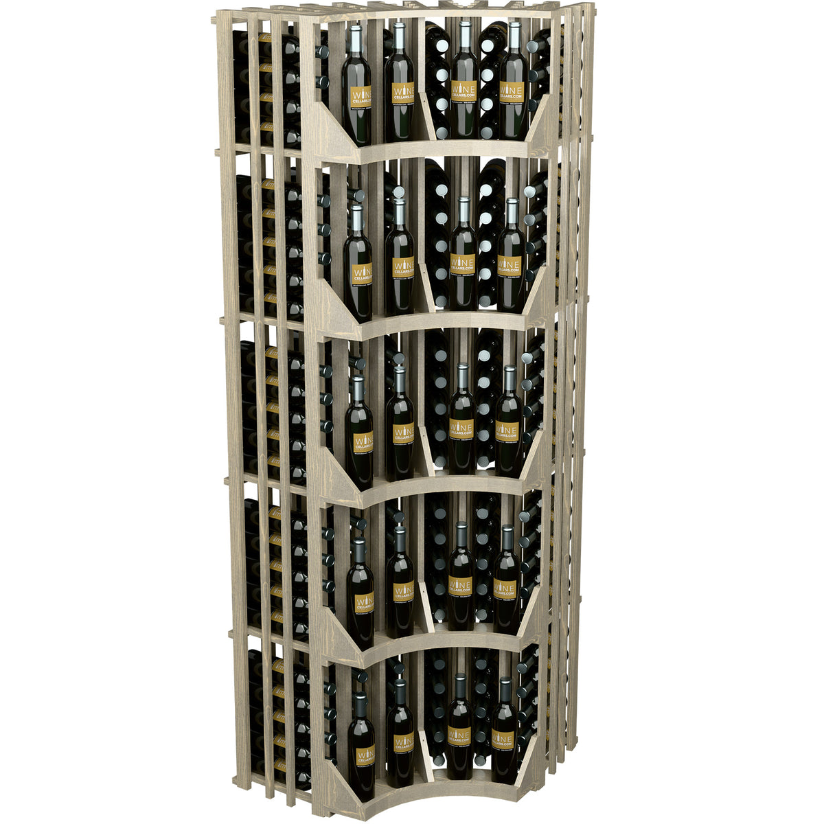 Light wood curved corner wine display with multiple bottle rows and arched dividers
