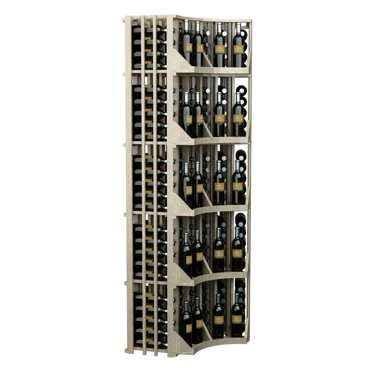 Vertical light wood wine cabinet with 6 column sections and curved inner corners