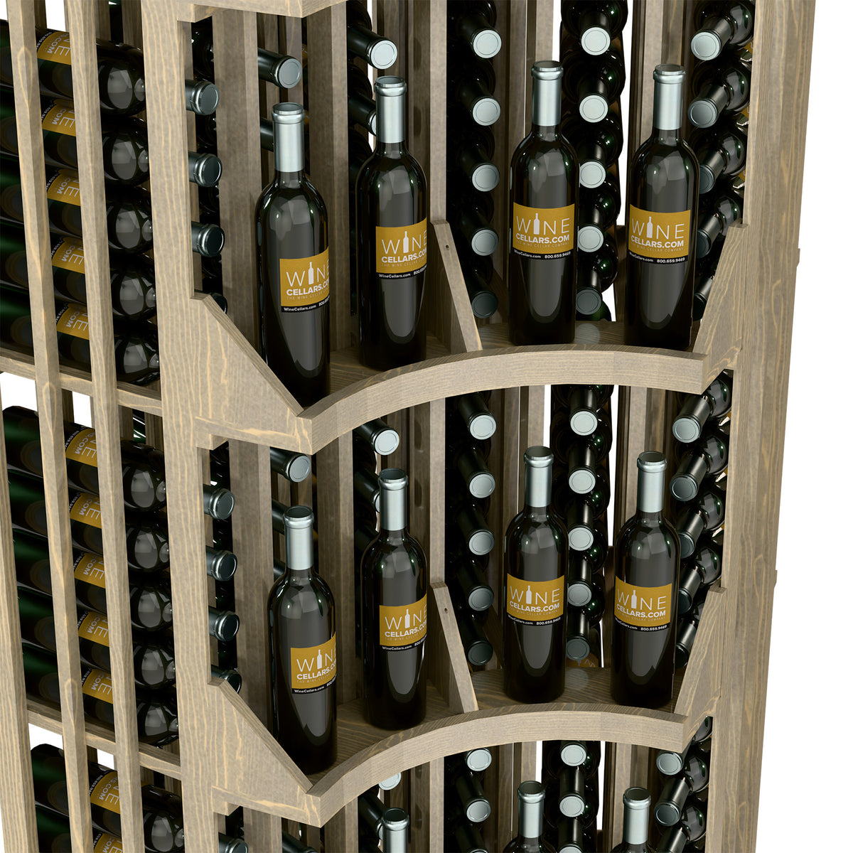 Detail view of light wood wine display compartments holding upright wine bottles