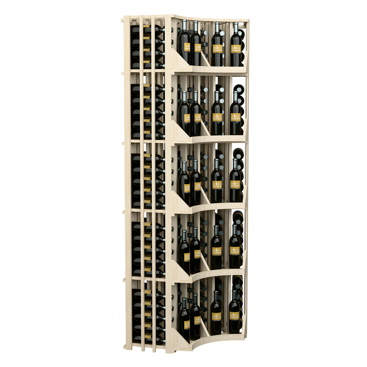 Front view of light wood curved corner wine display with 6 columns of bottle slots