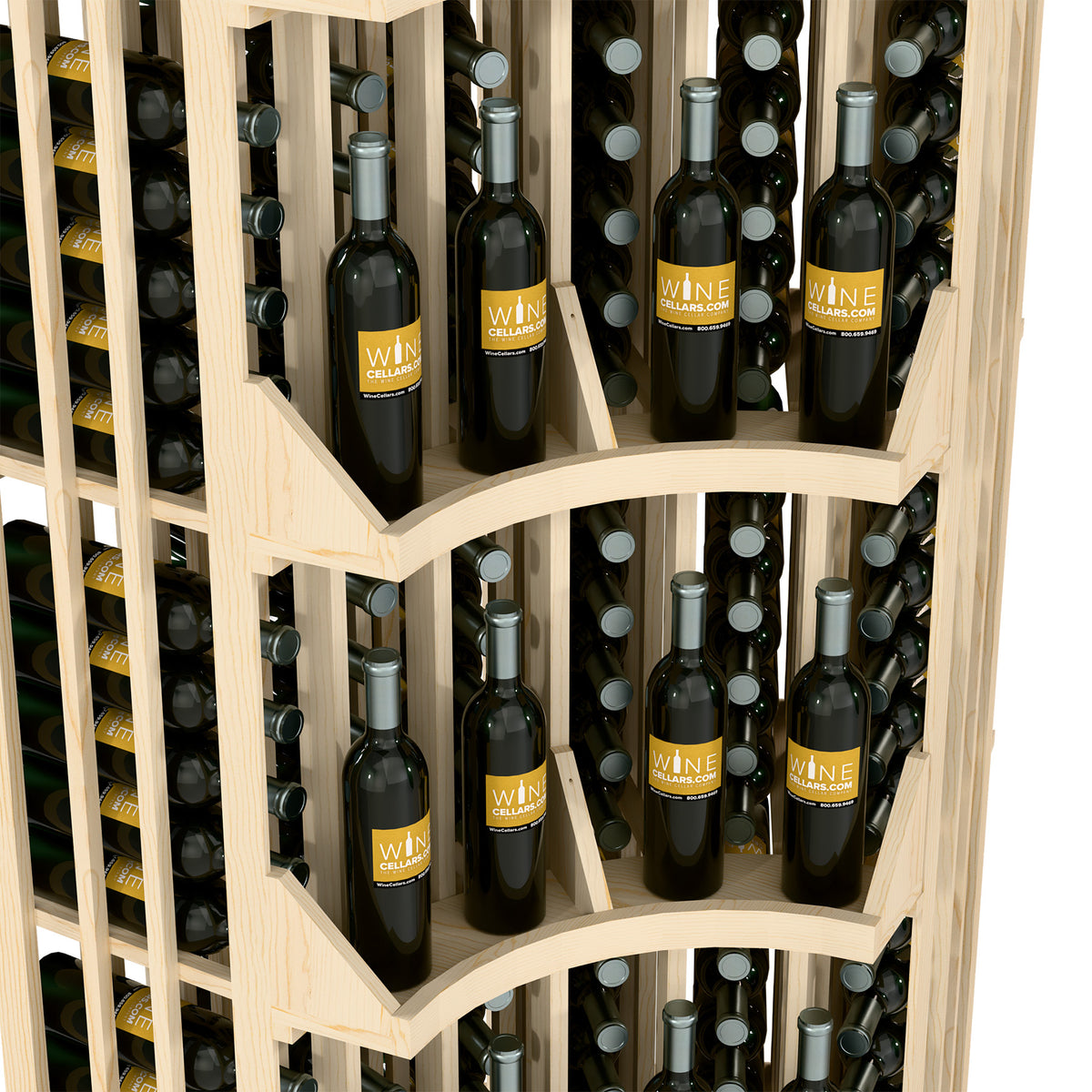 Close-up of curved light wood wine rack showing stocked bottle compartments