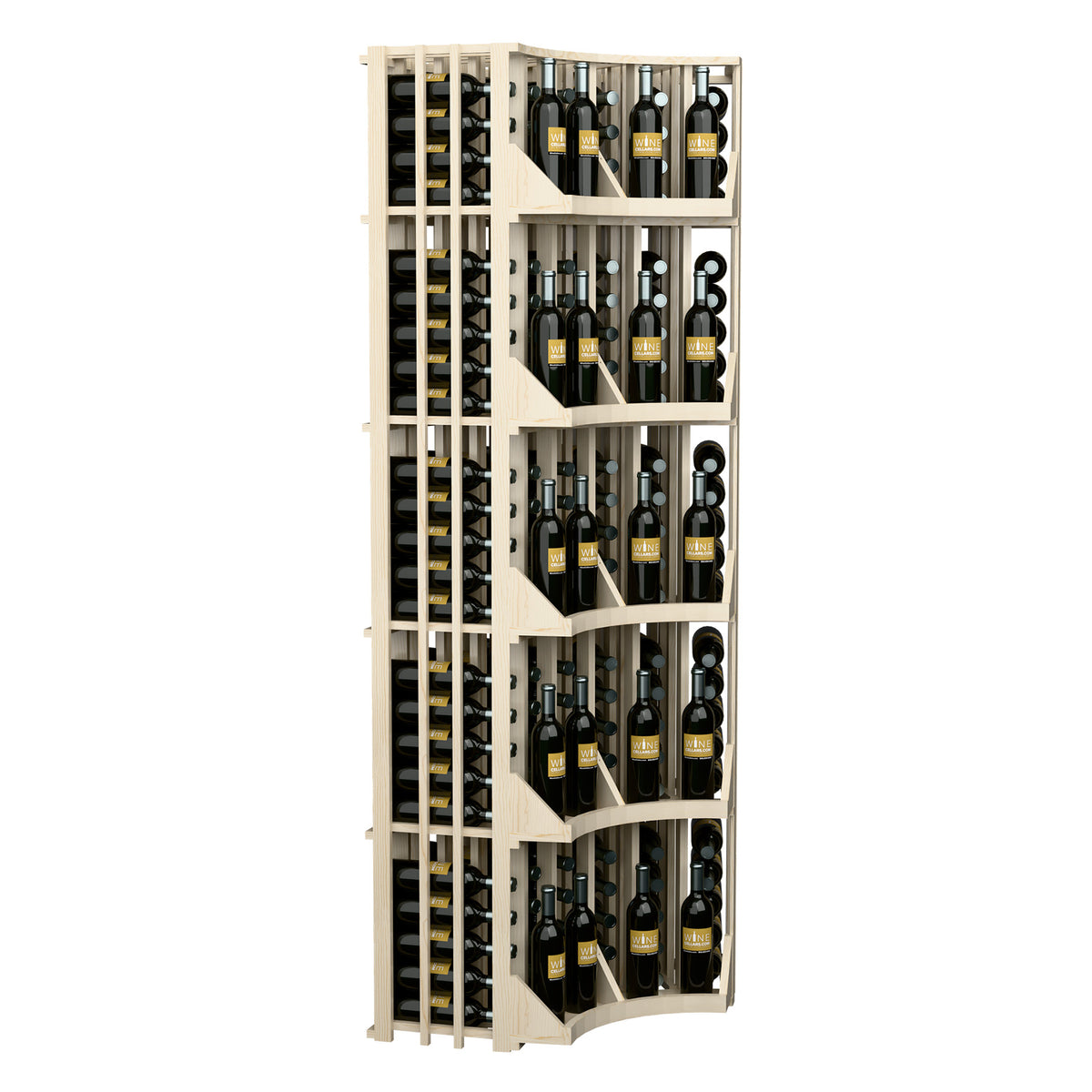 Curved corner wall wine display with bottle cubbies and vertical slots, light wood