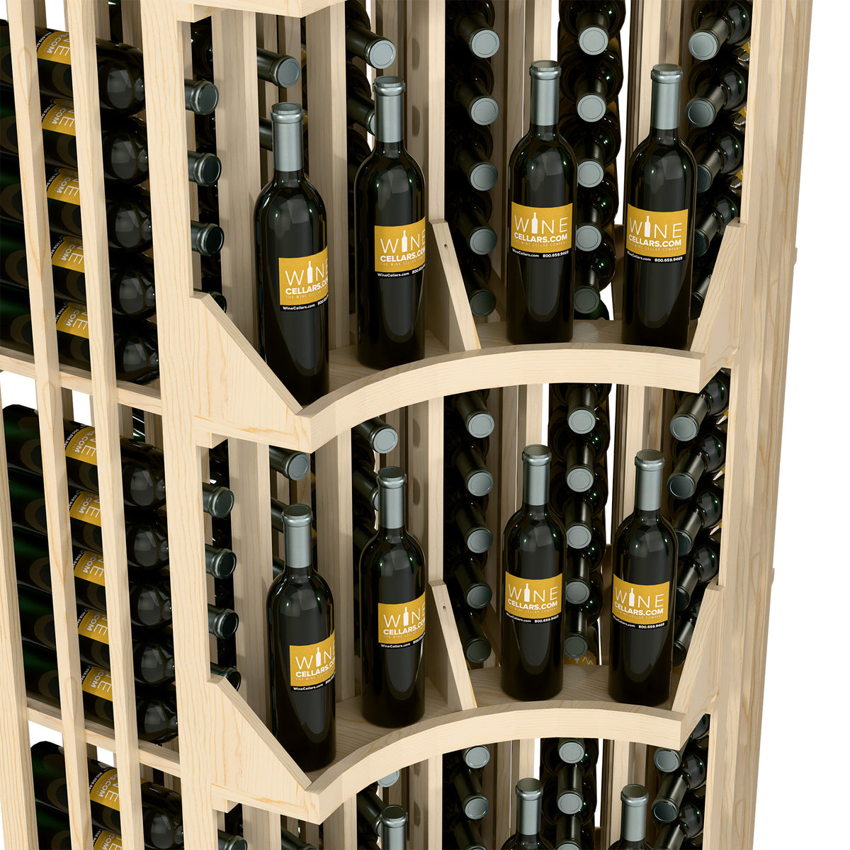 Close view of curved corner wine wall display with bottle cubbies, light wood frame