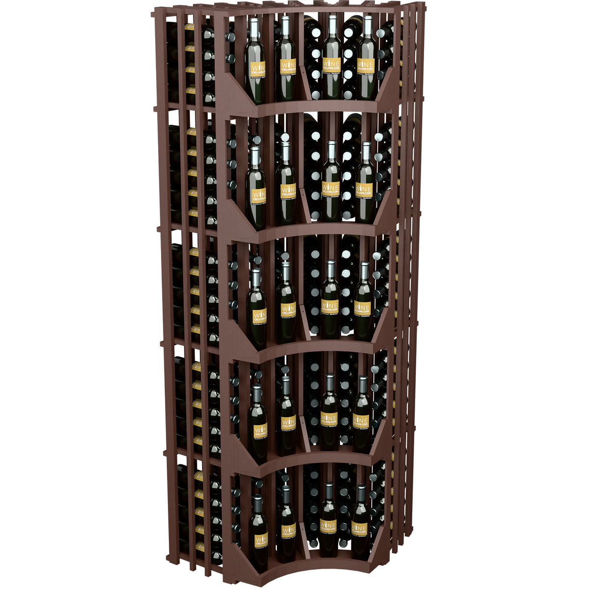 Curved corner wall wine display with bottle cubbies and vertical slots, dark wood