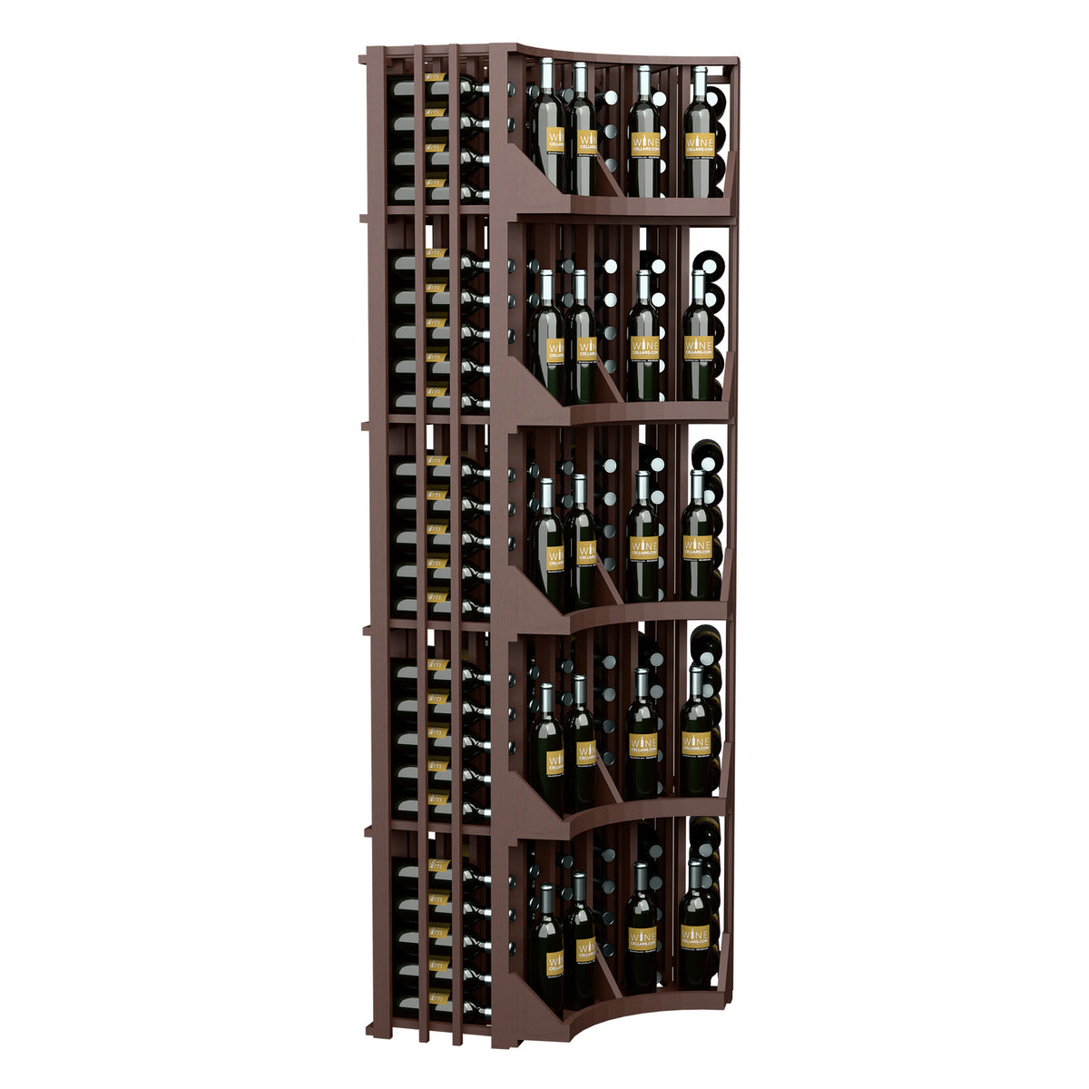 Curved corner wall wine display with bottle shelves and vertical bottle slots, dark wood
