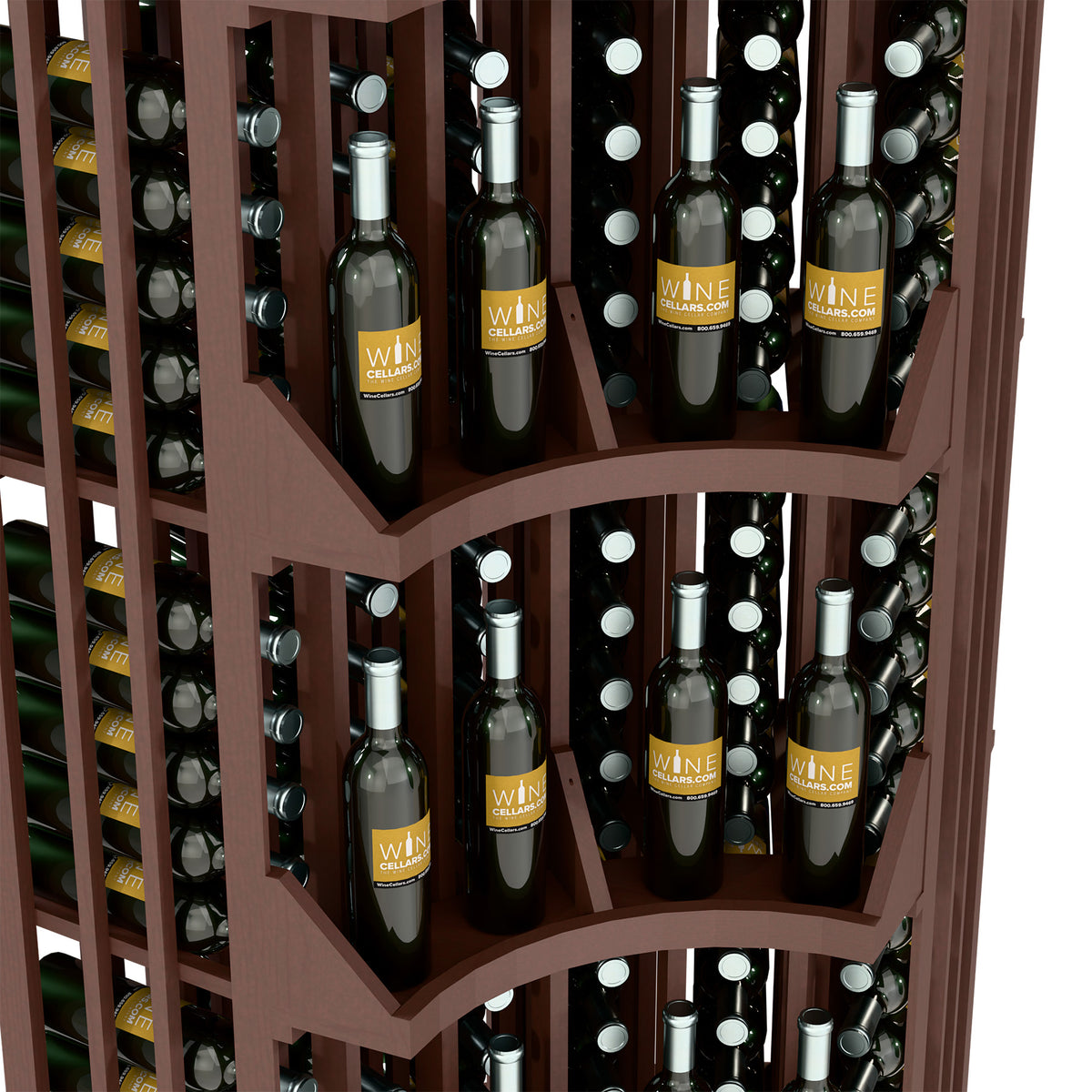 Close view of dark wood wine wall display showing bottle cubbies and labels