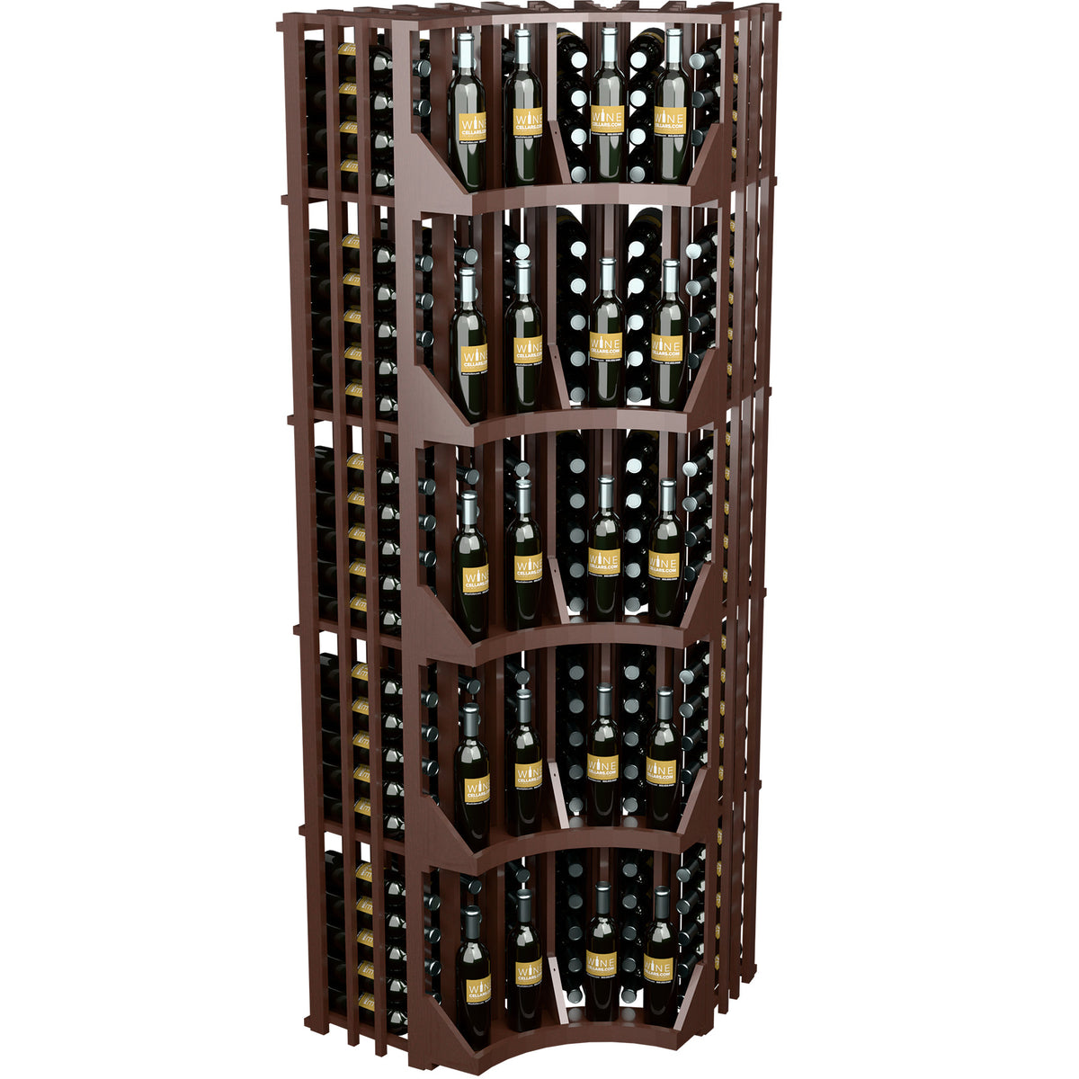 Curved corner wall wine display with open bottle storage, dark wood frame