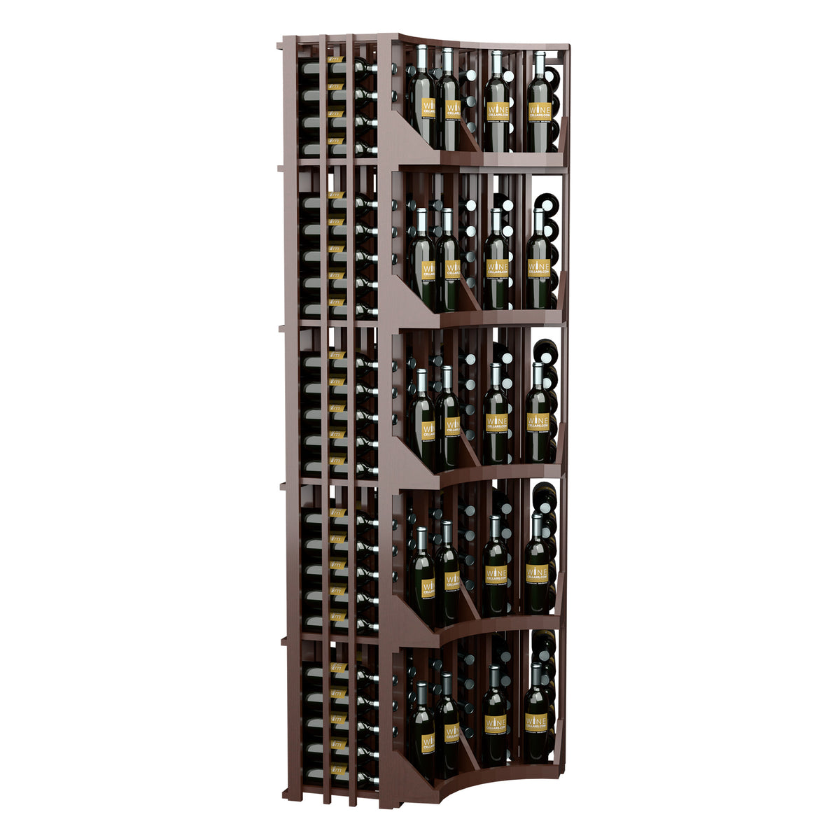 Curved corner wall wine display with bottle shelves and vertical slots, dark wood