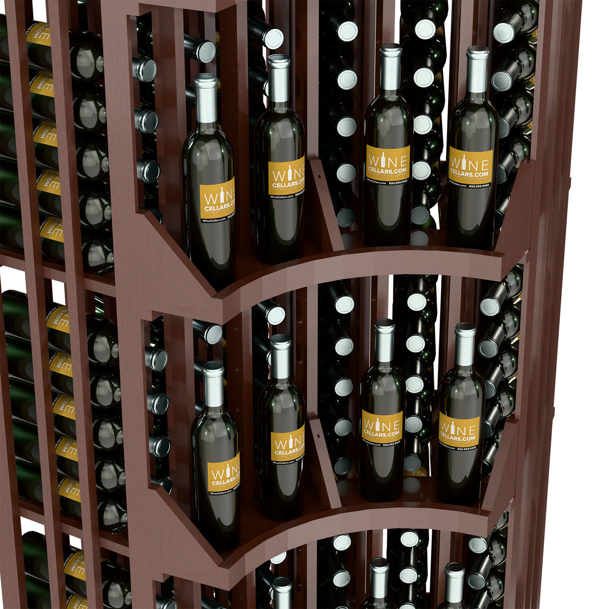 Close view of dark wood corner wine display with bottle cubbies and front labels
