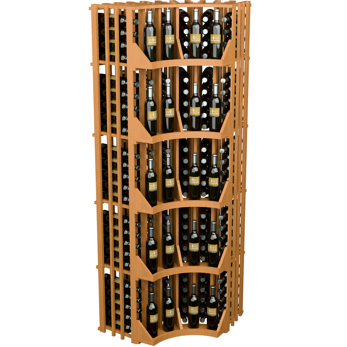 Curved corner wall wine display with bottle cubbies and vertical slots, honey wood