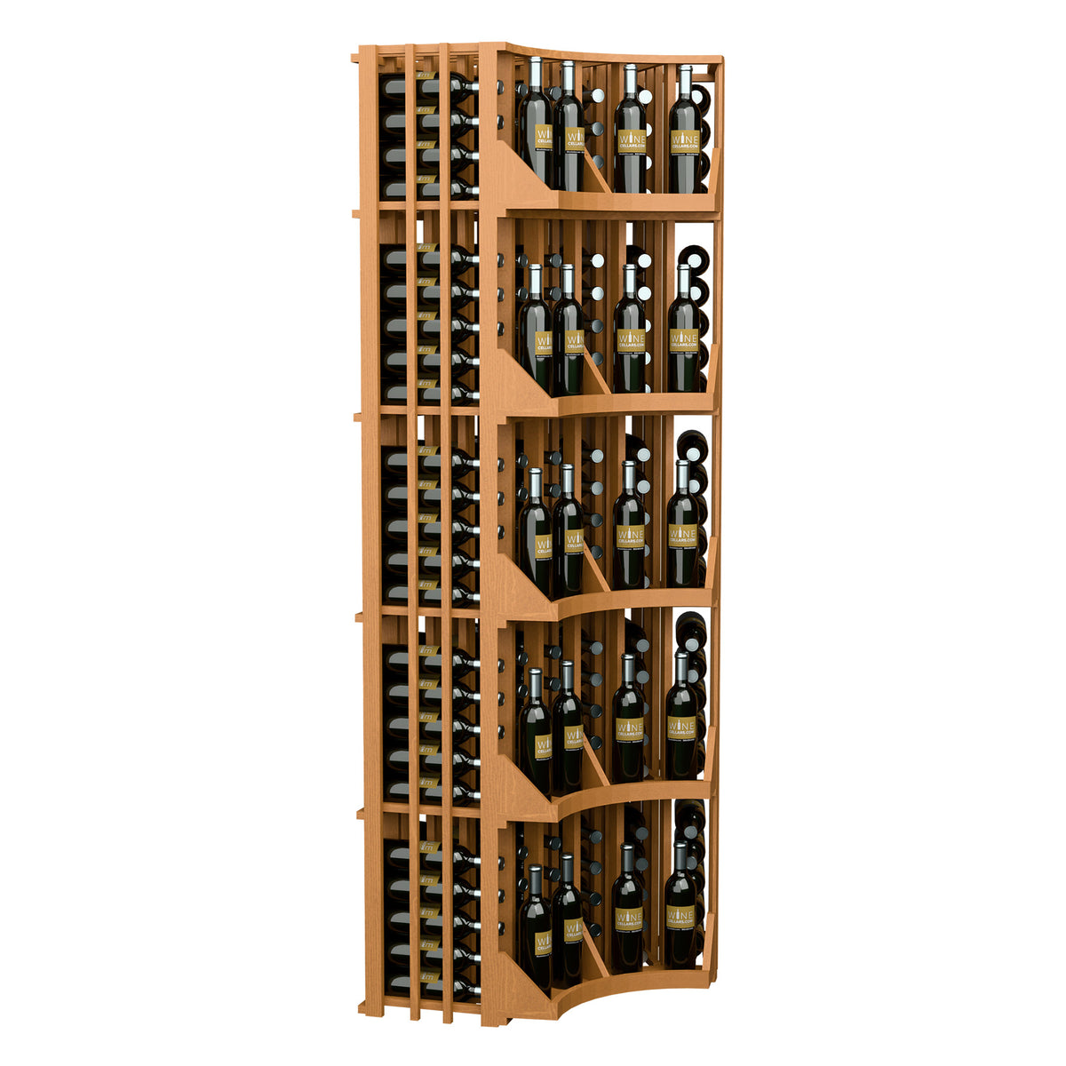Curved corner wall wine display with bottle shelves and vertical bottle slots, honey wood