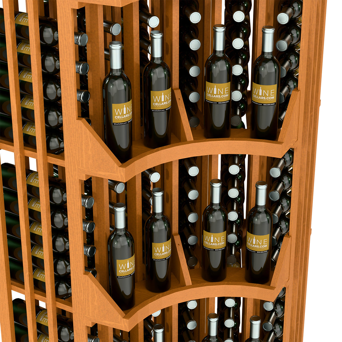 Natural wood curved corner wall wine bottle display with multiple bottle rows