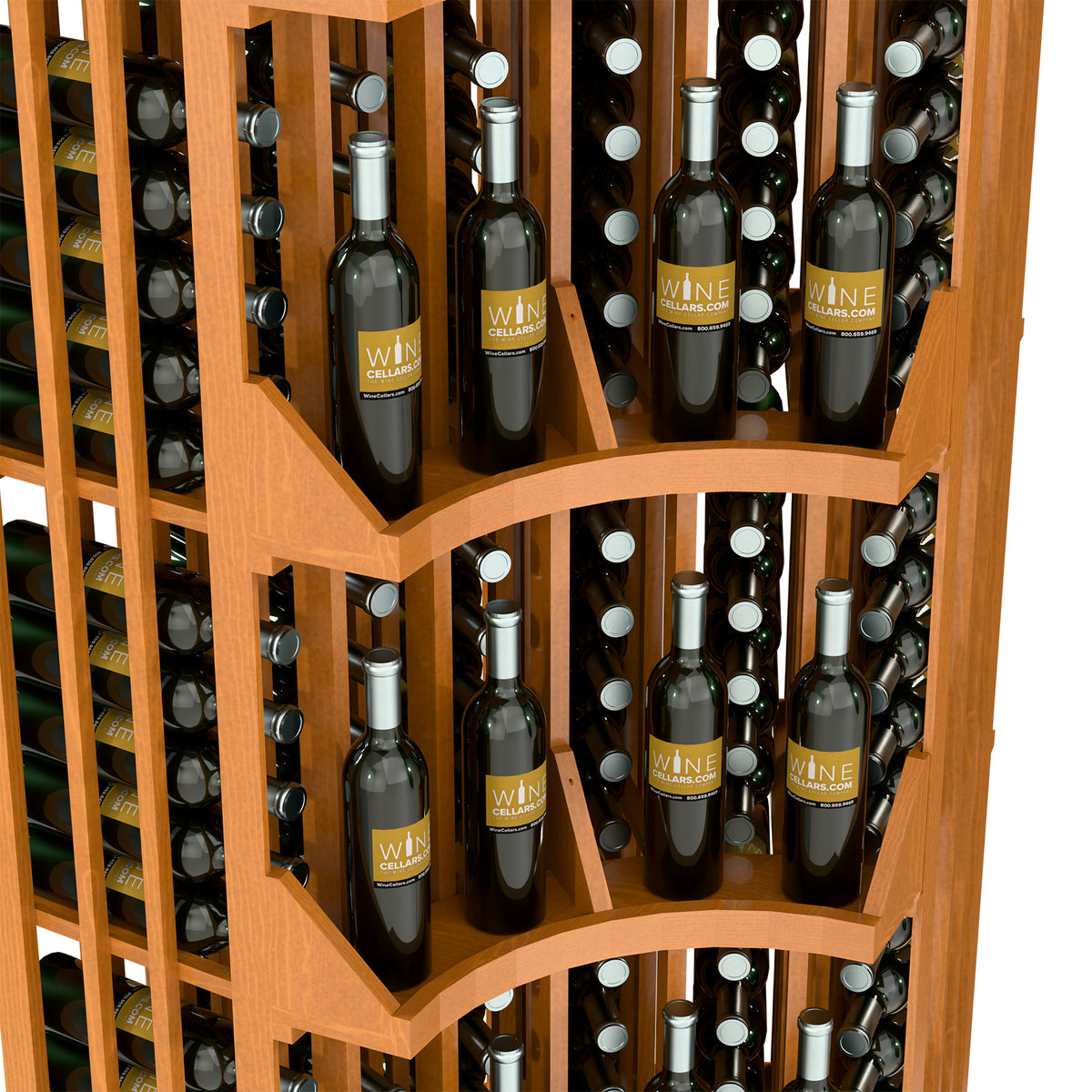 Natural wood curved corner wine bottle display, close view of stacked bottle bays