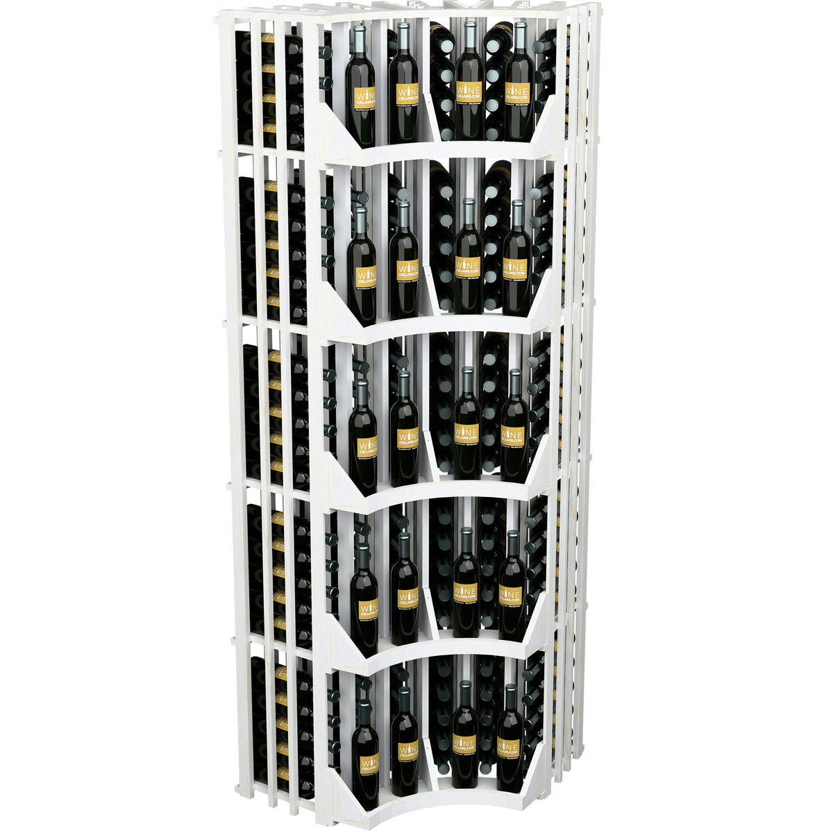 White wood curved corner wall wine bottle display with dark bottle rows