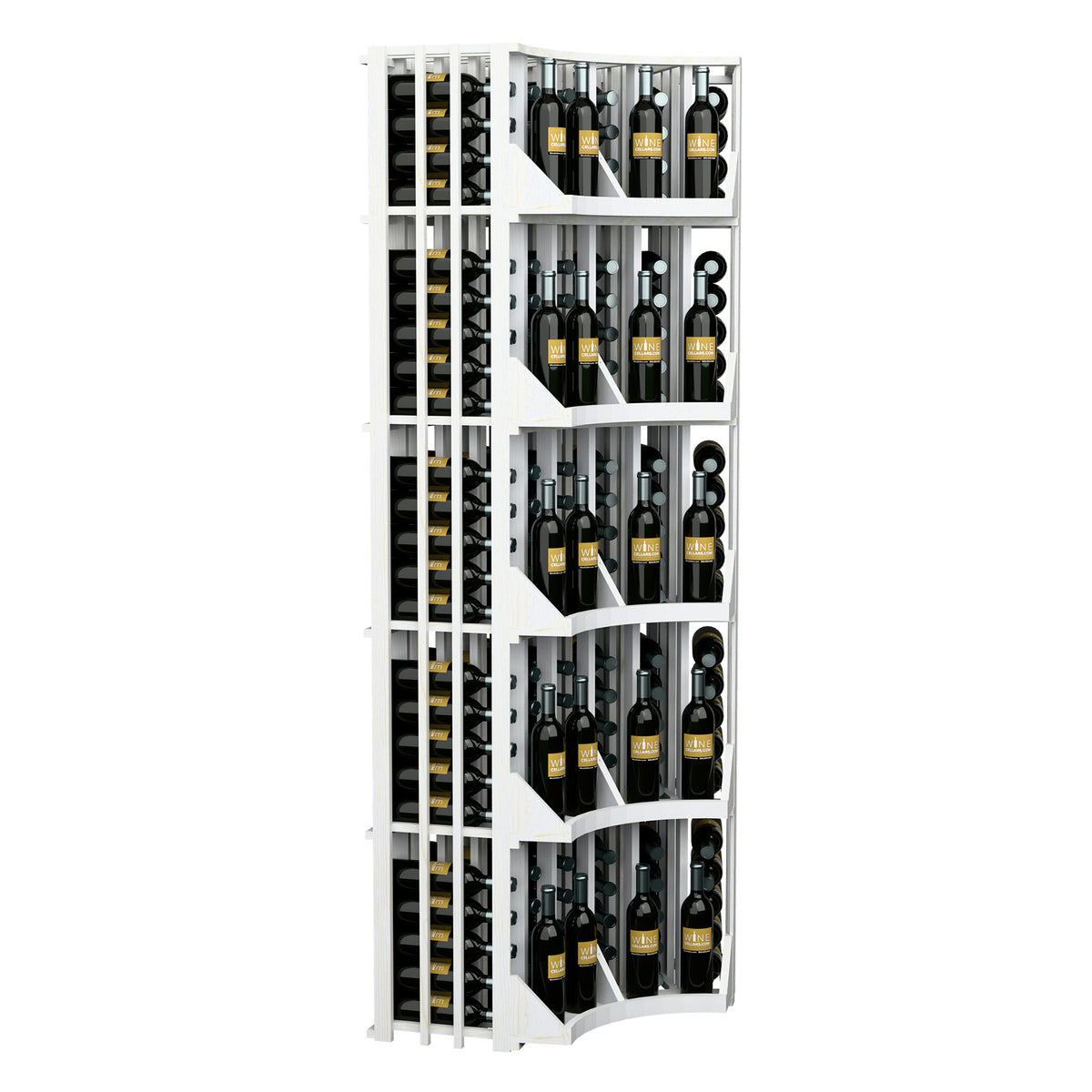 White wine bottle display unit with curved corner shelves and many bottle slots