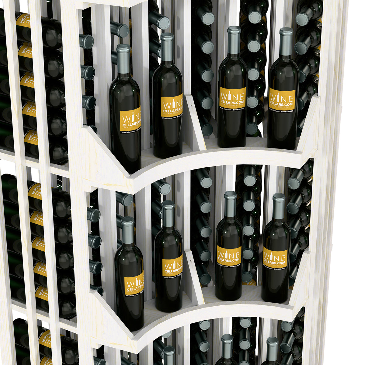 White curved corner wine bottle display with multiple curved shelf compartments