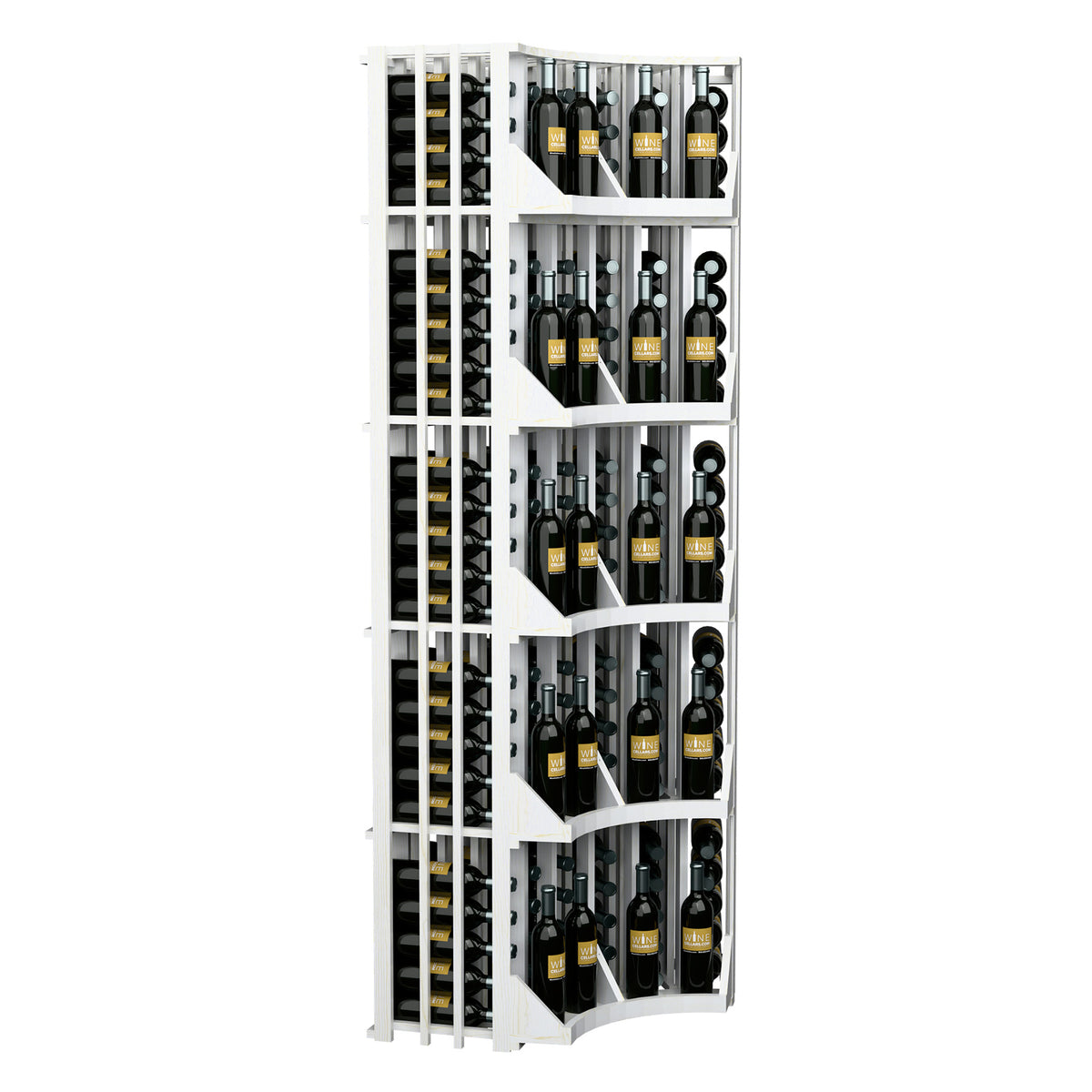 White wine bottle display with curved corner shelving and rows of dark bottles