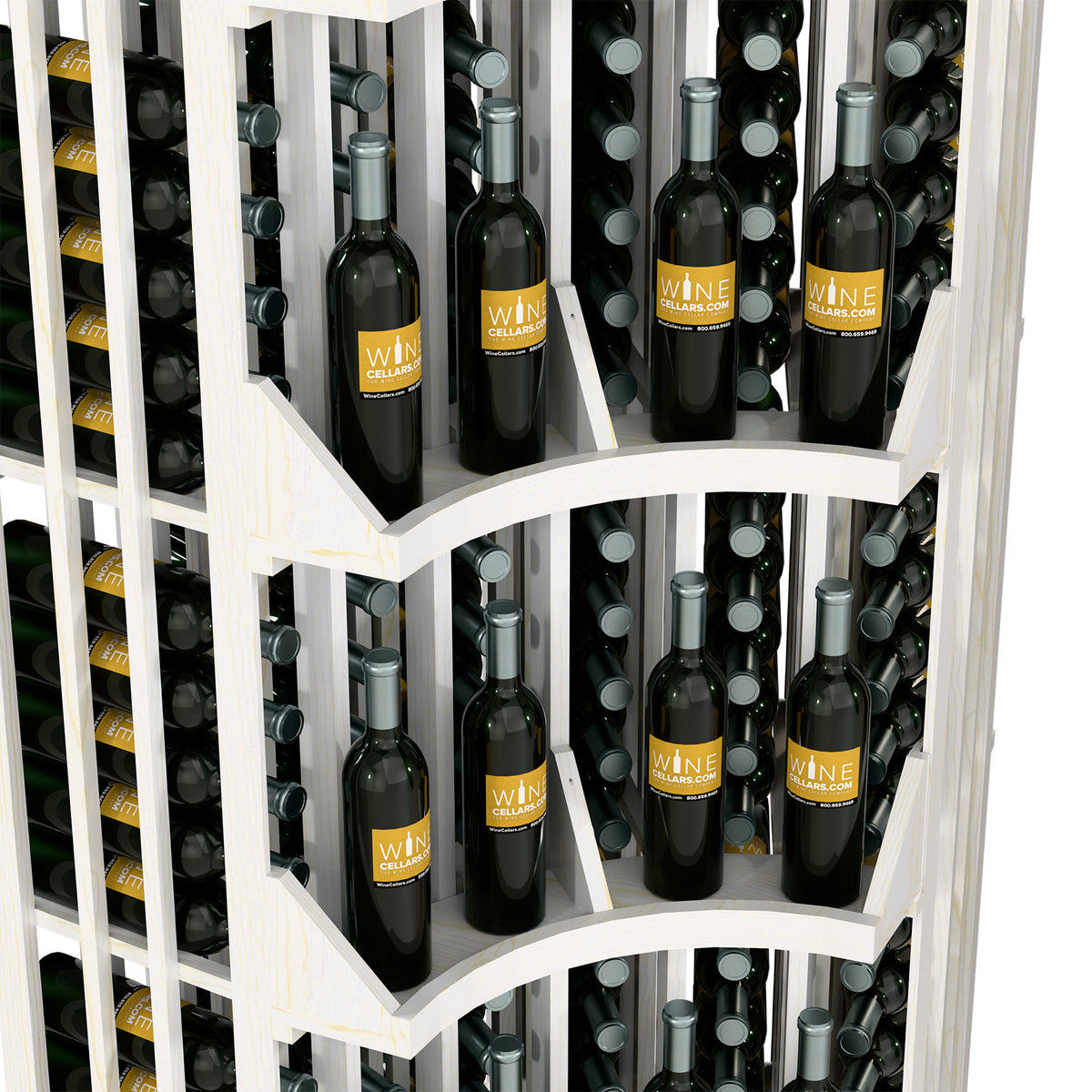 Close view of white wood curved corner wine bottle display with bottle-filled bays