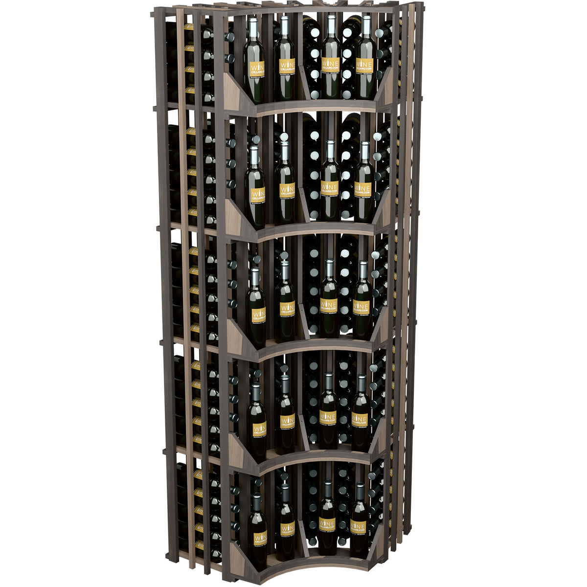 Curved corner 6-column wine display rack with bottle cutouts, dark wood frame