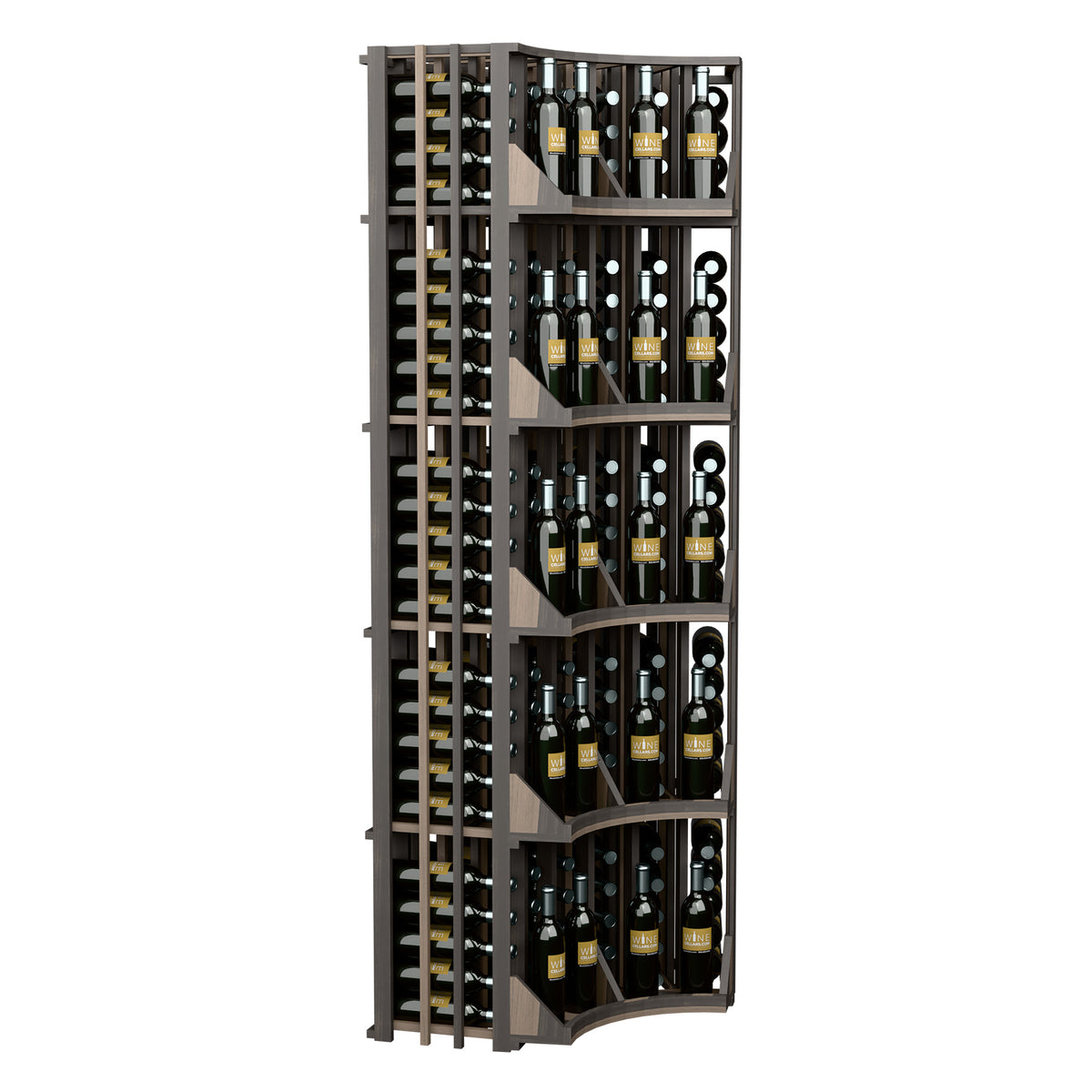 Curved corner 6-column wine display rack, side view with bottle shelves, dark frame