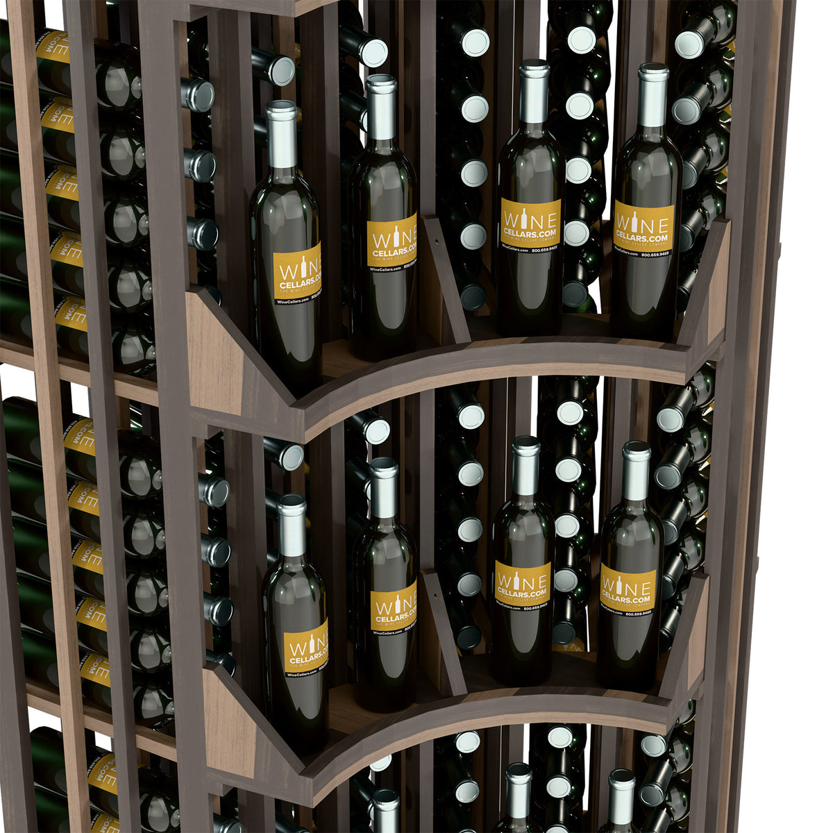 Curved corner wine display shelves with wine bottles in arched rows, dark frame