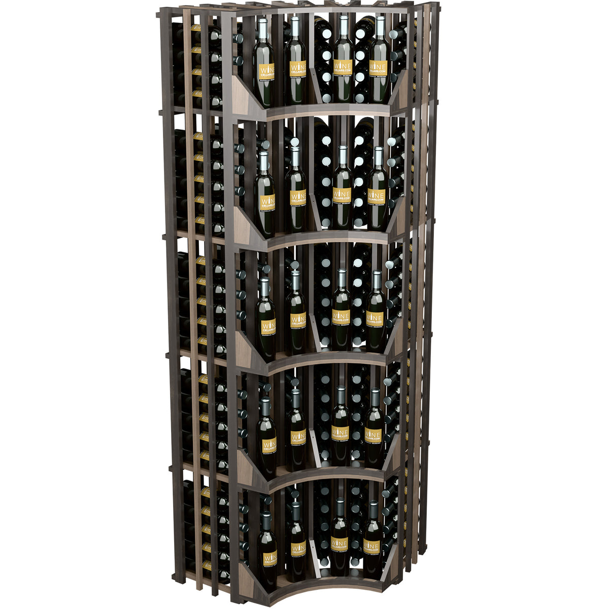 Curved corner 6-column wine display rack, front view with wine bottles, dark wood
