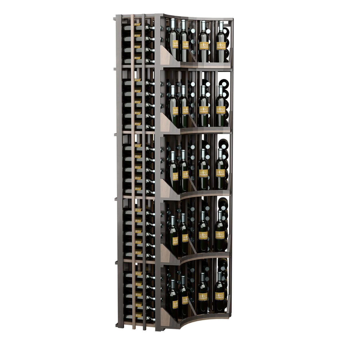 Curved corner 6-column wine display rack, angled view of bottle cubbies, dark frame