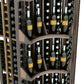 Curved corner wine display close-up of bottle shelves and curved dividers, dark frame