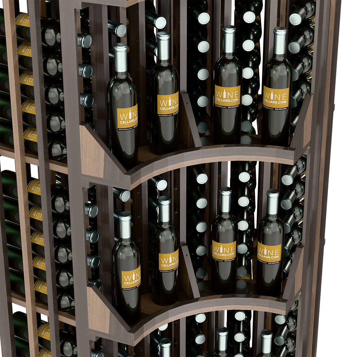 Curved corner wine display close-up of bottle shelves and curved dividers, dark frame