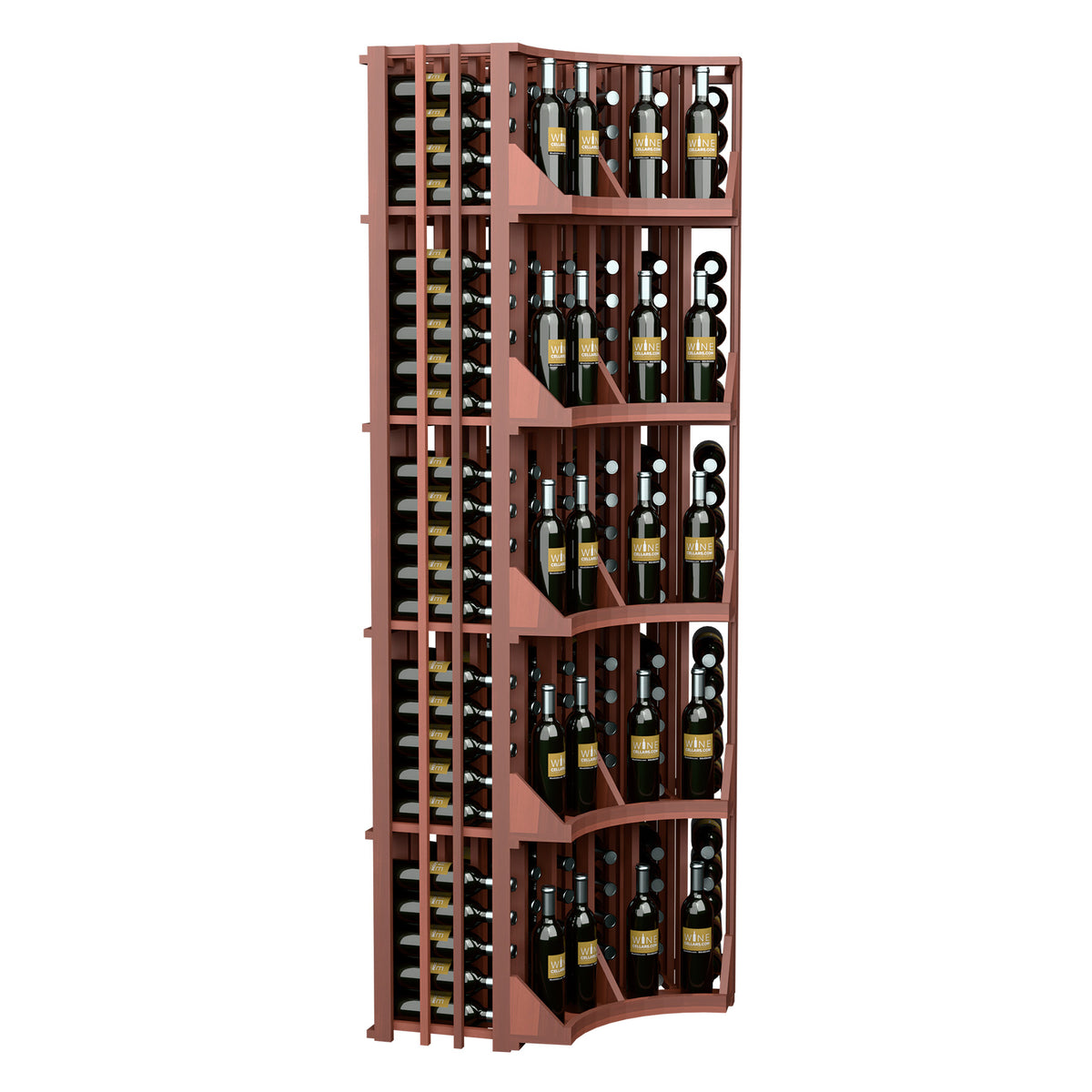 Curved corner 6-column wine display rack, side view with bottle shelves, reddish frame