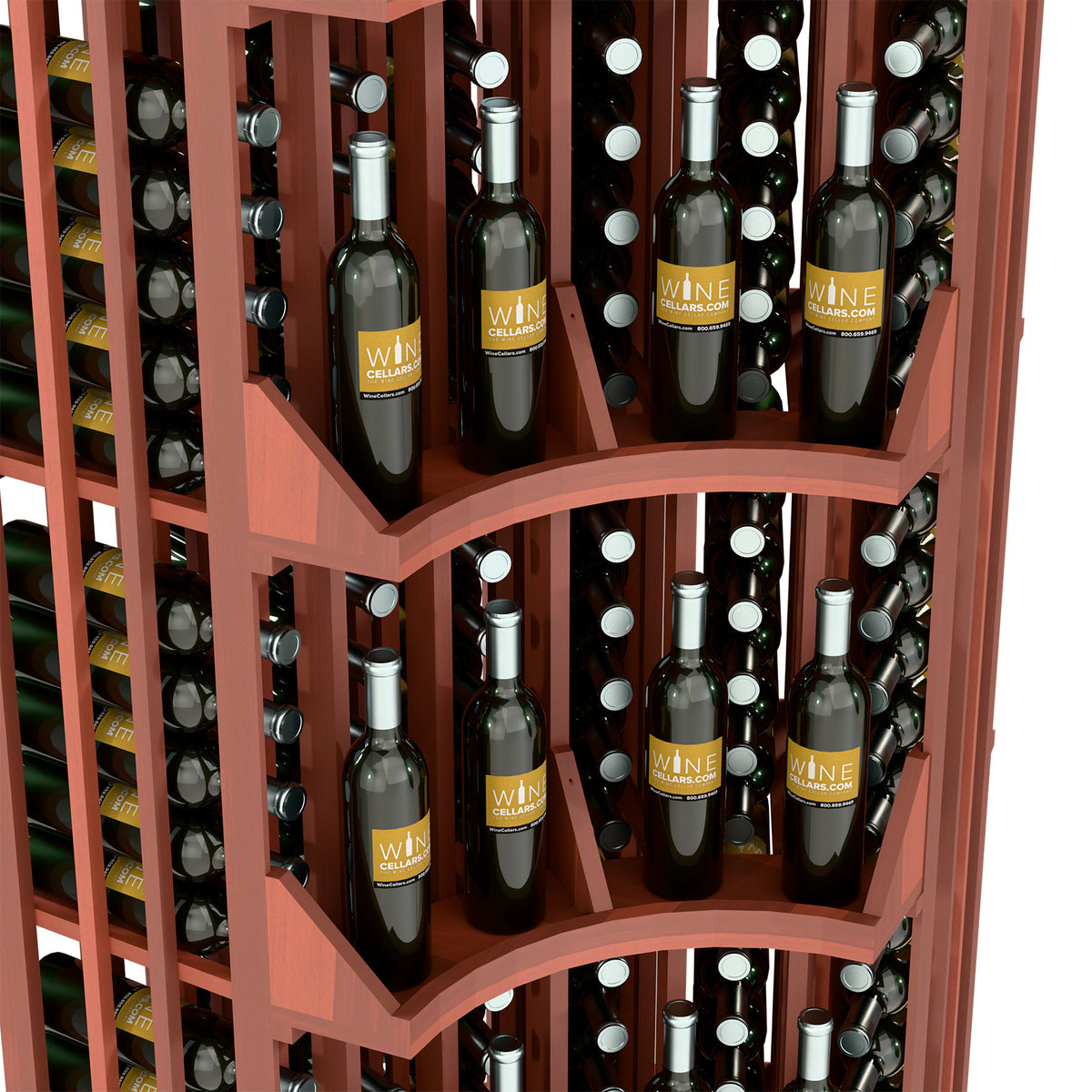 Curved corner wine display close-up with wine bottles in arched shelves, reddish frame