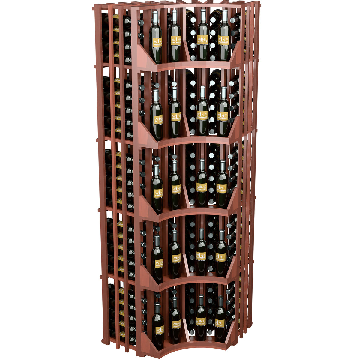 Curved corner 6-column wine display rack with bottle cubbies, reddish-brown wood frame