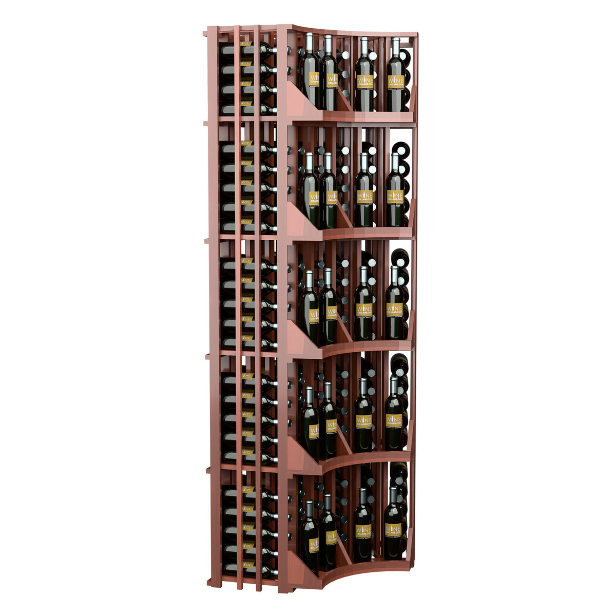 Curved corner wall wine display cabinet with wood frame, bottle slots and shelves