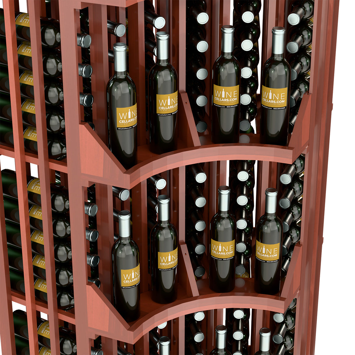 Wood wine display with curved tiered shelves holding assorted bottles and decanters