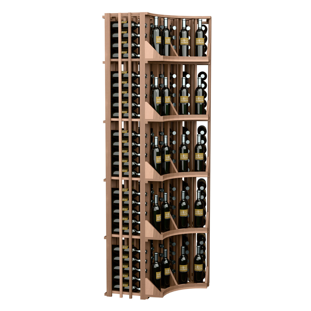 Curved corner wall wine display cabinet in wood with curved shelves and bottle slots